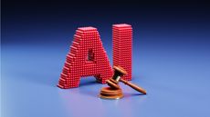 AI in big red letters behind a judge&rsquo;s gavel and bloc