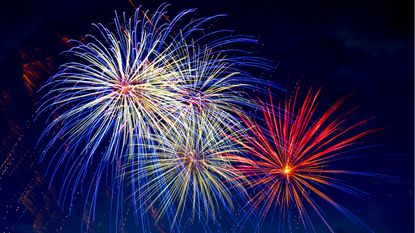 Fireworks go off in the night sky.